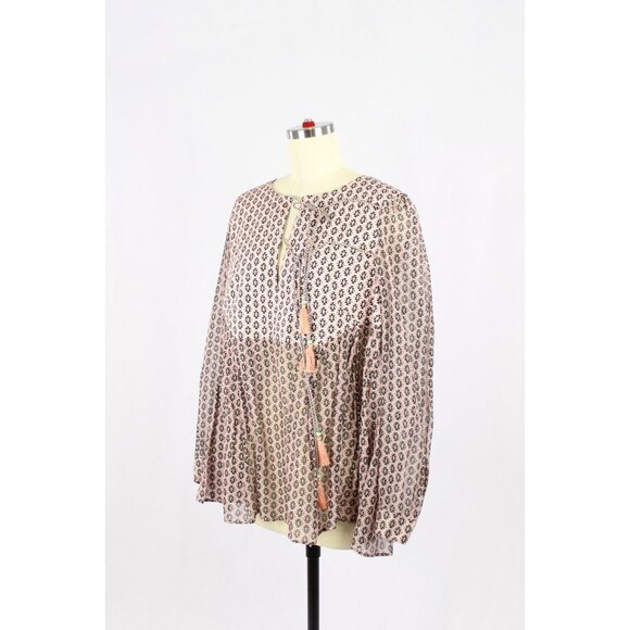 WEEKEND MAX MARA Pink Geometric Silk Voile Tasseled Tunic Blouse, Size M/L - Picture 4 of 13